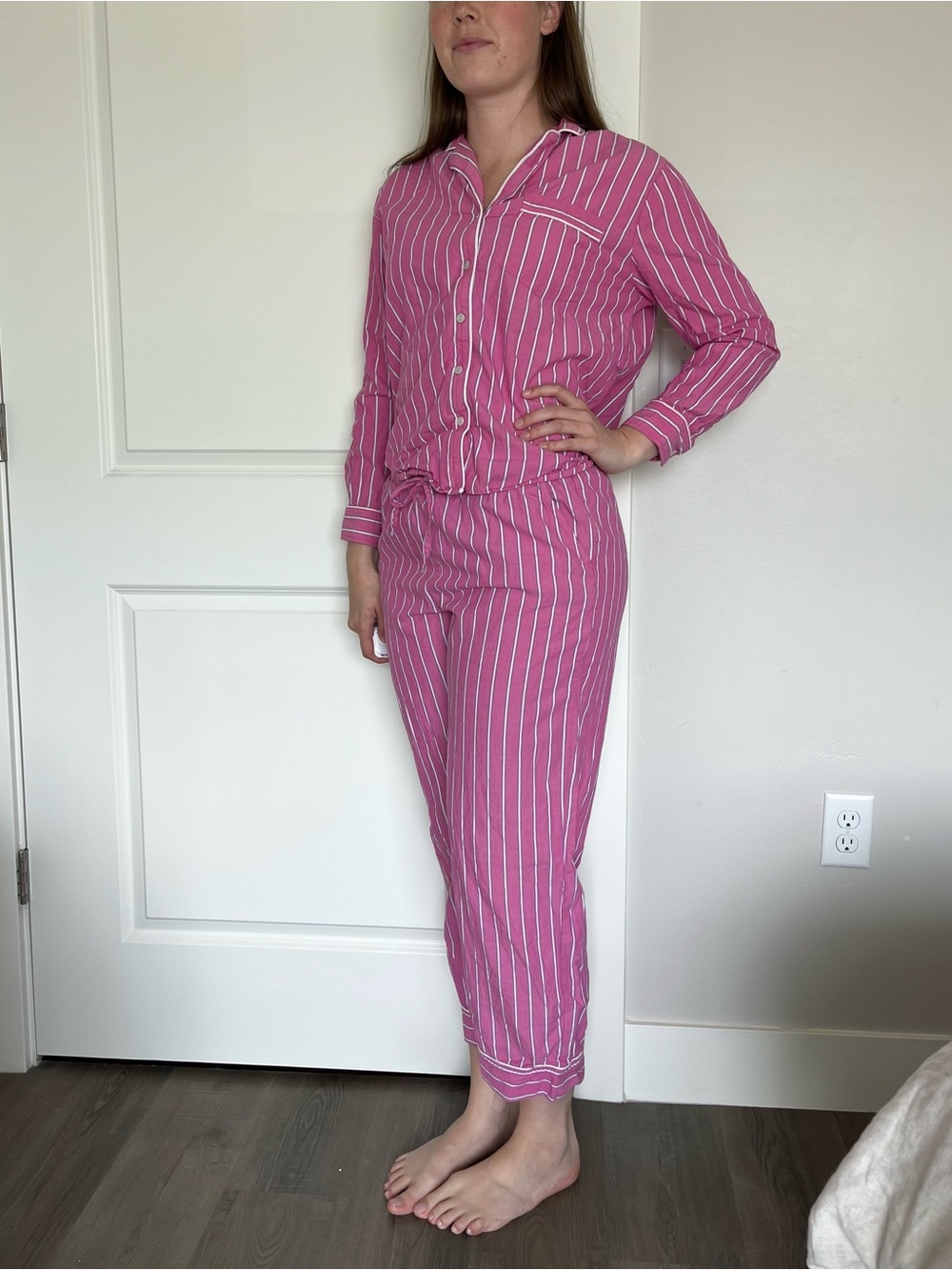 GAP Striped Pink Long Sleeve Pajama Set with Drawstring Pants